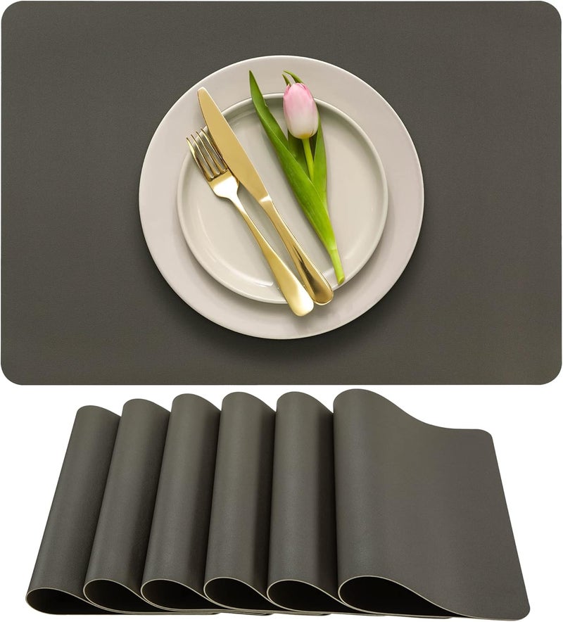 More Decor More Décor Faux Leather Placemats for Dining and Kitchen Table - Stain and Heat Resistant, Anti-Slip, Wipable and Washable - Set of 4 and 6 - Solid Colors (Solid Dark Grey, 6) - Image 1