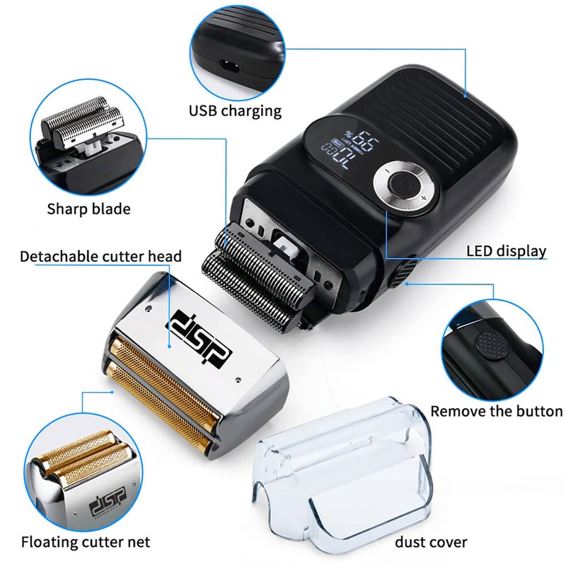 DSP® Electric Razor for Men Bald Shavers for Men 2 in 1 Double Shaver for Men with 2 Foil Head Rechargeable Barber Shaver with Precision Trimmer 3-Speed Shaver with LED Digital Display (Black) - Image 4