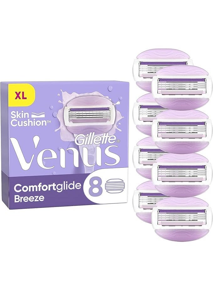 عبوات شفرات الحلاقة النسائية Venus Comfortglide Breeze، عبوة من 8 قطع، 3 شفرات مدمجة لحلاقة ناعمة ودقيقة تدوم طويلاً.