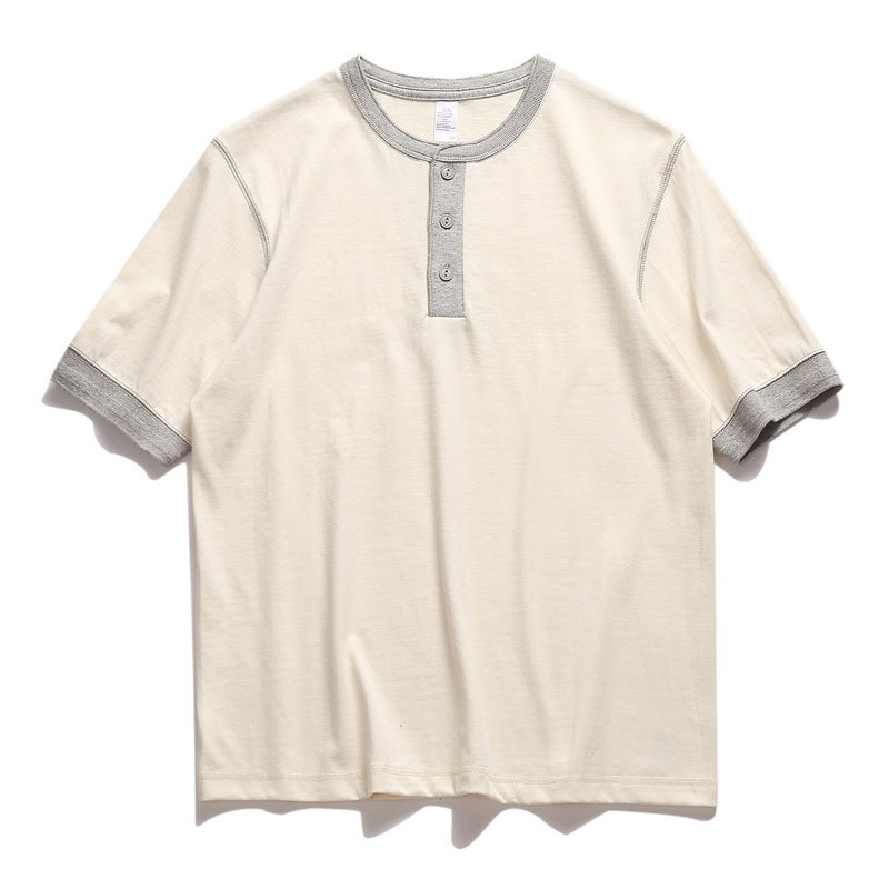 Three Needles American Retro Heavyweight T-Shirt Men'S Ami Khaki Pure Cotton White T-Shirt Henry Collar Men'S Short Sleeves - Image 1