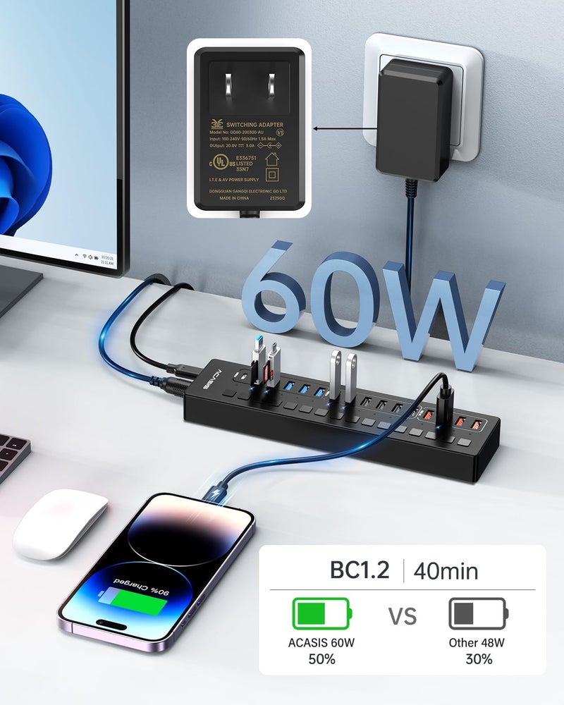 Acasis Powered USB 3.0 Hub, ACASIS 16 Port USB Hub Powered(Include 2*USB C 3.0+4 Smart Charging Port) with 60W Power Adapter, Support Wall Mount, USB Hub for PC Laptop, Mac, Printer, Camera - Image 4