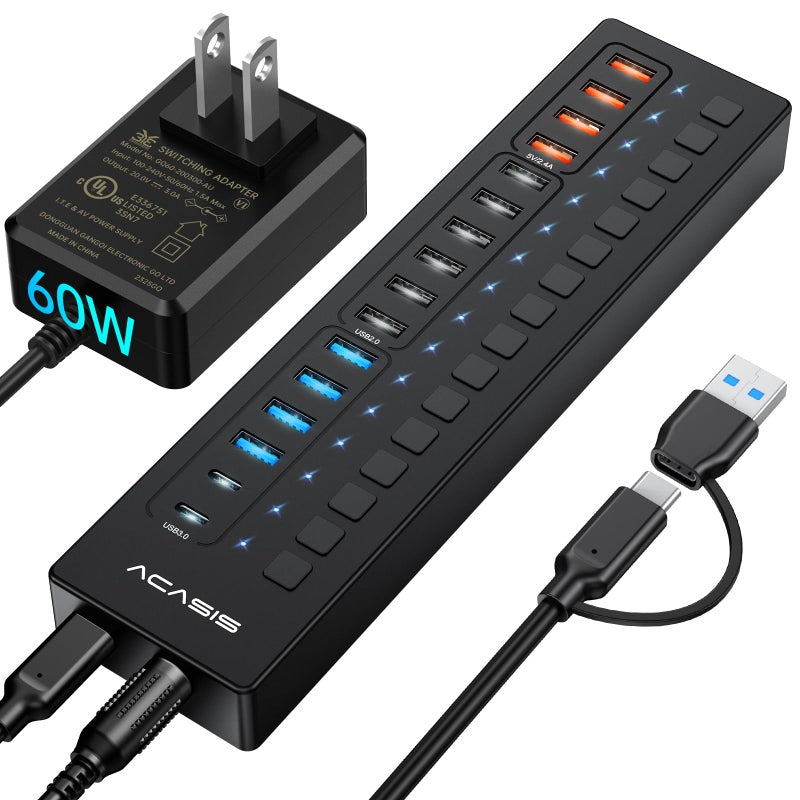 Acasis Powered USB 3.0 Hub, ACASIS 16 Port USB Hub Powered(Include 2*USB C 3.0+4 Smart Charging Port) with 60W Power Adapter, Support Wall Mount, USB Hub for PC Laptop, Mac, Printer, Camera - Image 1