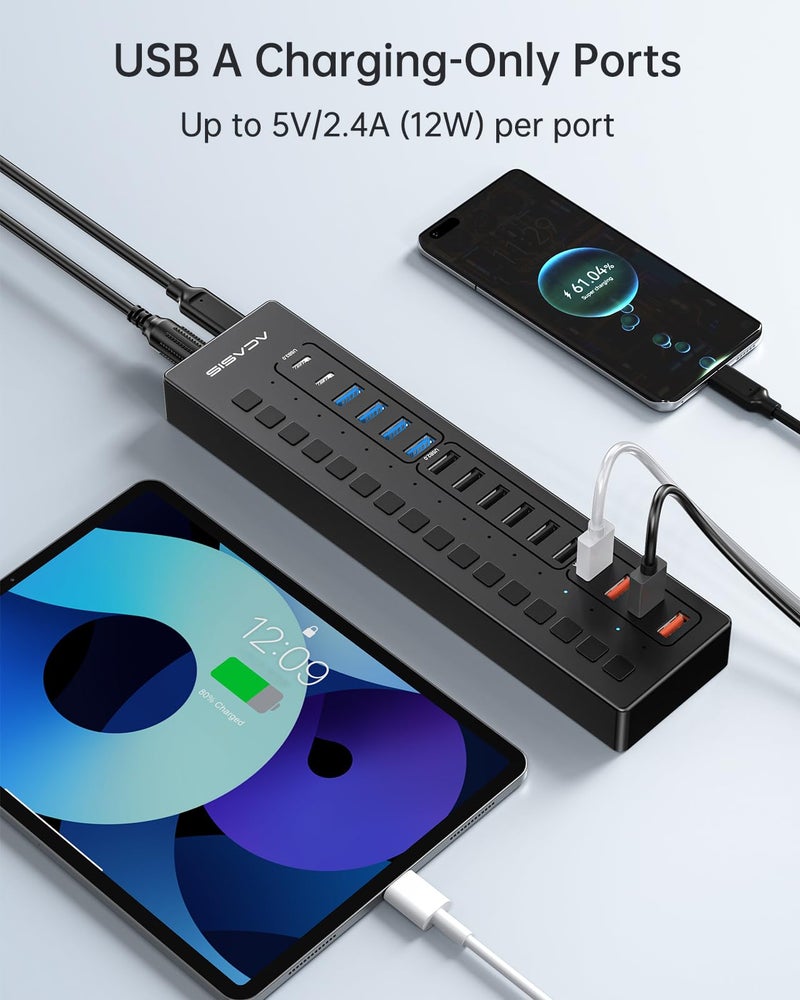 Acasis Powered USB 3.0 Hub, ACASIS 16 Port USB Hub Powered(Include 2*USB C 3.0+4 Smart Charging Port) with 60W Power Adapter, Support Wall Mount, USB Hub for PC Laptop, Mac, Printer, Camera - Image 5