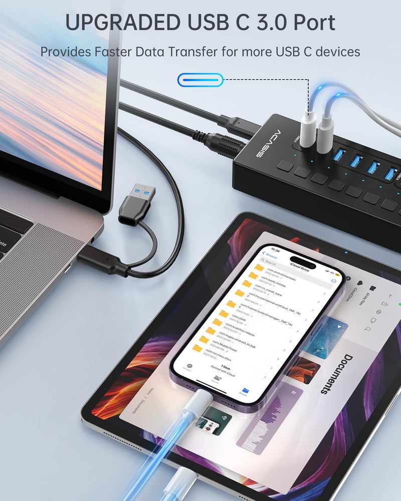 Acasis Powered USB 3.0 Hub, ACASIS 16 Port USB Hub Powered(Include 2*USB C 3.0+4 Smart Charging Port) with 60W Power Adapter, Support Wall Mount, USB Hub for PC Laptop, Mac, Printer, Camera - Image 3