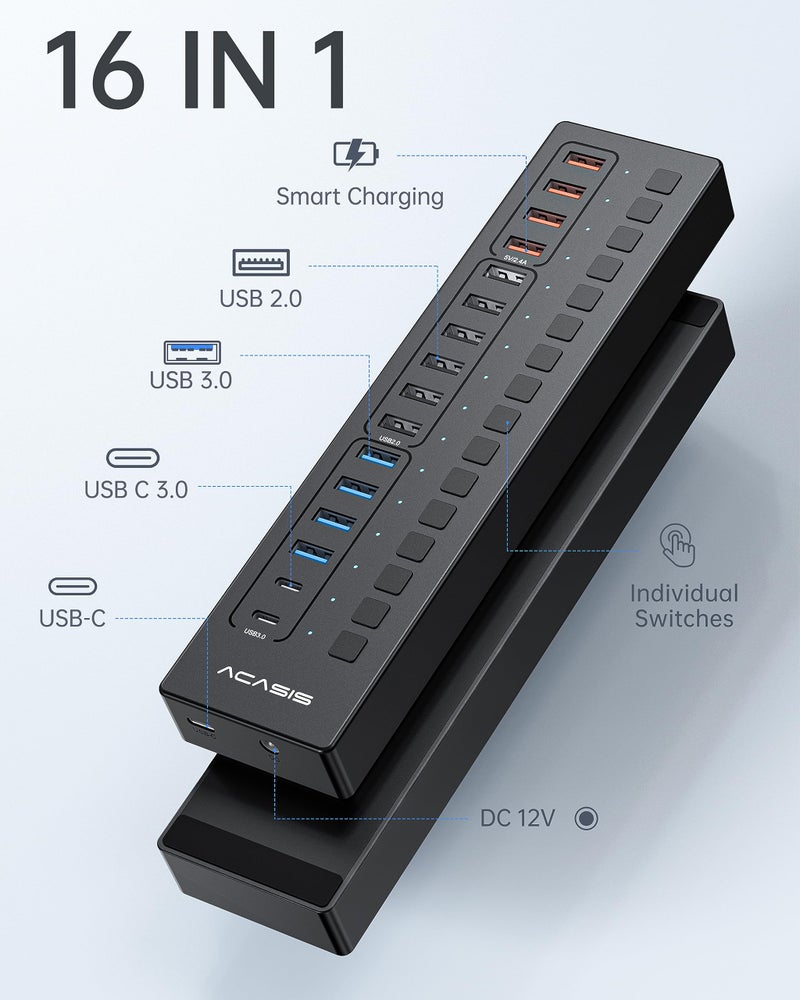 Acasis Powered USB 3.0 Hub, ACASIS 16 Port USB Hub Powered(Include 2*USB C 3.0+4 Smart Charging Port) with 60W Power Adapter, Support Wall Mount, USB Hub for PC Laptop, Mac, Printer, Camera - Image 2