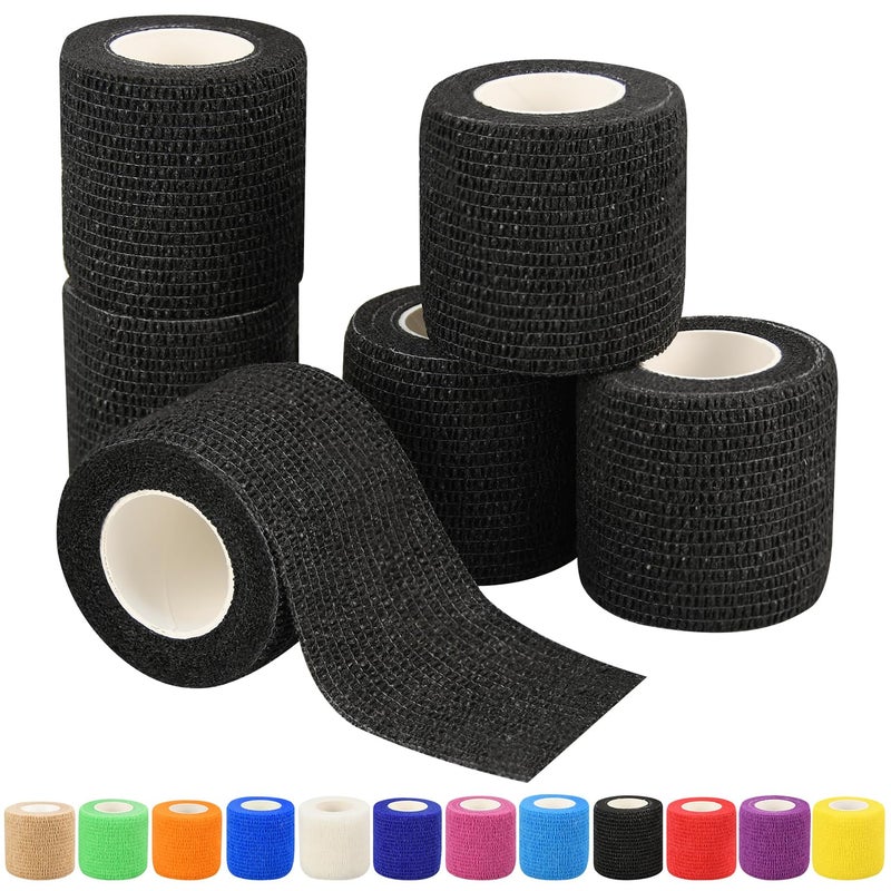 Ruby Q 2" Self Adhesive Bandage Wraps, 6pcs Vet Wraps, Black, 5 Yard Self Adherent Wraps for Sports, Wrist, Ankle and Swelling - Image 1
