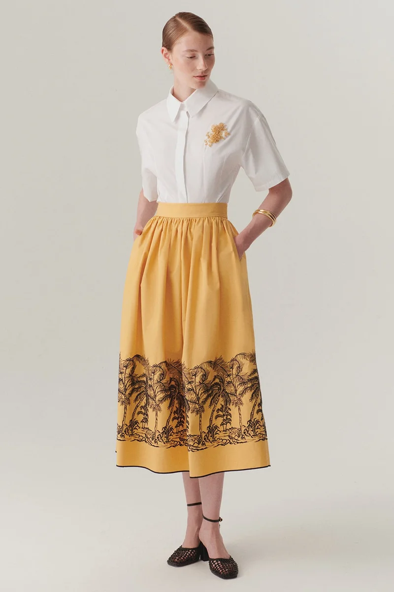 EXQUISE Cotton Midi Skirt with Patterned Hem