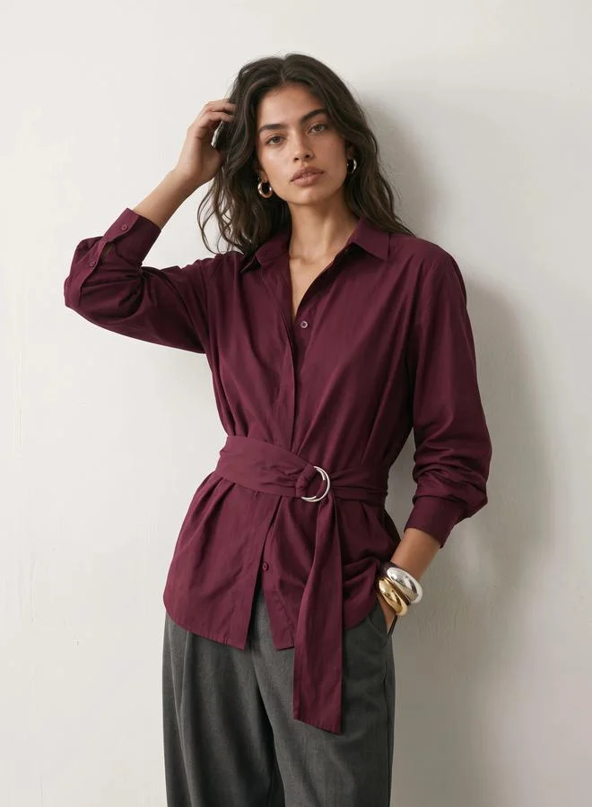 Styli Burgundy Cotton Poplin Wrap Shirt with Belt