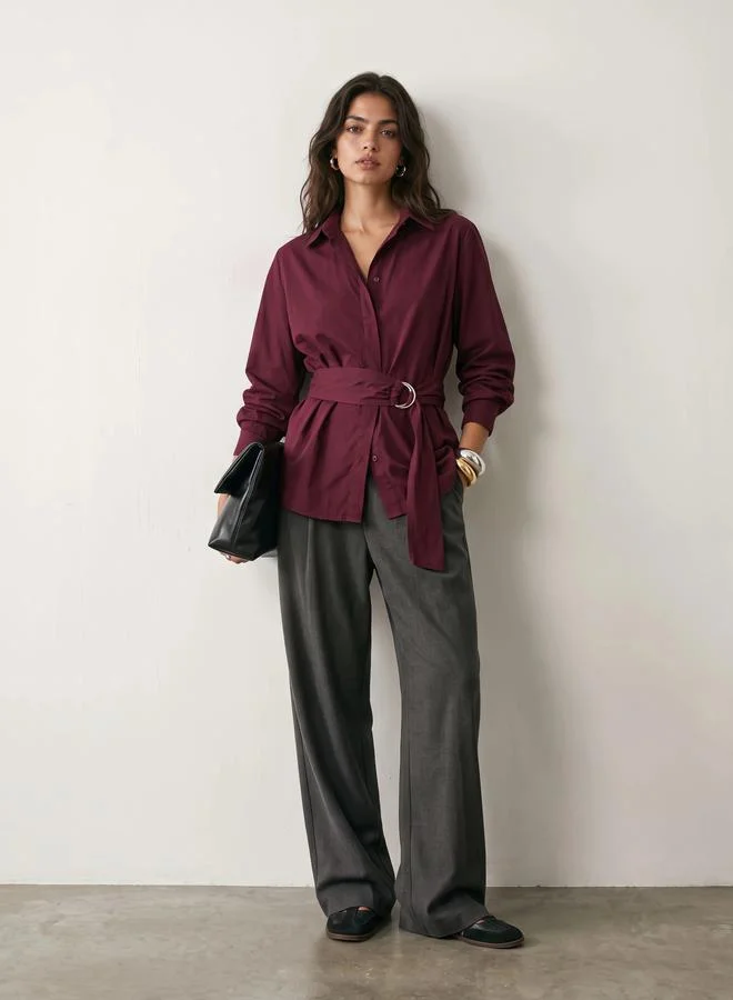 Styli Burgundy Cotton Poplin Wrap Shirt with Belt