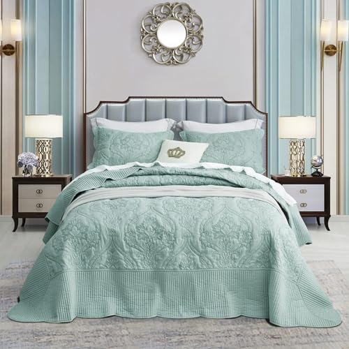 CHIXIN Oversized Bedspread Coverlet Set King Size - Lightweight Bedding Cover - Beautiful Stitching - 5 Piece Reversible Bedspread - Gorgeous Damask Paisley Pattern (King, Seaglass) - Image 1