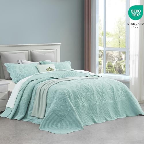 CHIXIN Oversized Bedspread Coverlet Set King Size - Lightweight Bedding Cover - Beautiful Stitching - 5 Piece Reversible Bedspread - Gorgeous Damask Paisley Pattern (King, Seaglass) - Image 2