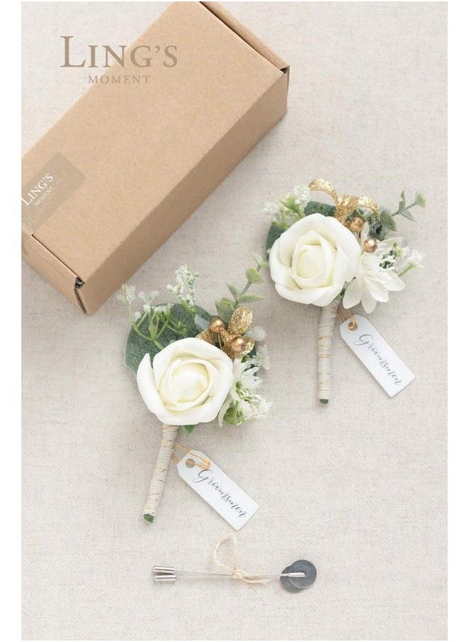 Ling's moment - Ivory&Greenery Eucalyptus Boutonniere For Men Wedding With Pinsset Of 2Groom And Groomsmen Boutonniere For Wedding Ceremony Anniversarydinner Party And Prom Flowers - Image 1