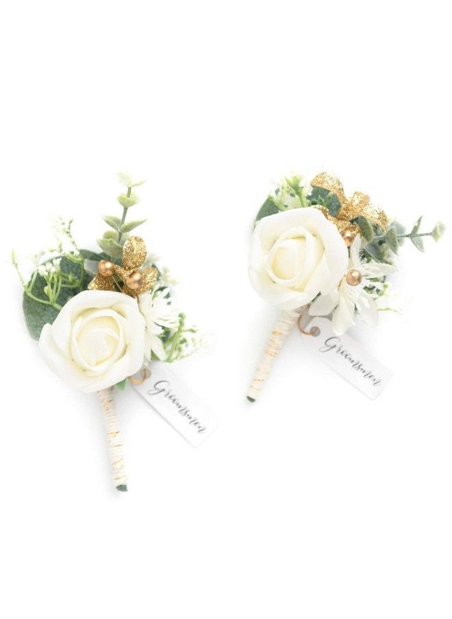 Ling's moment - Ivory&Greenery Eucalyptus Boutonniere For Men Wedding With Pinsset Of 2Groom And Groomsmen Boutonniere For Wedding Ceremony Anniversarydinner Party And Prom Flowers - Image 1