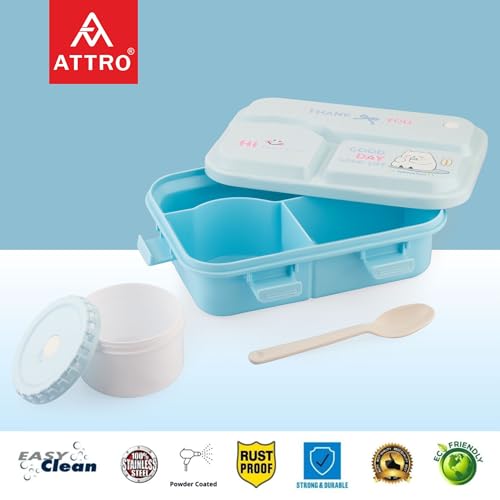 ATTRO Smiley Bite Plastic Lunch Box – 3 Compartment Bento Tiffin, Leak-Proof & Durable, Plastic Spoon, Ideal for Kids, School, Picnic– 1220ml+200ml, Blue - Image 4