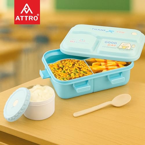 ATTRO Smiley Bite Plastic Lunch Box – 3 Compartment Bento Tiffin, Leak-Proof & Durable, Plastic Spoon, Ideal for Kids, School, Picnic– 1220ml+200ml, Blue - Image 2
