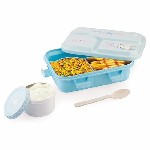 ATTRO Smiley Bite Plastic Lunch Box – 3 Compartment Bento Tiffin, Leak-Proof & Durable, Plastic Spoon, Ideal for Kids, School, Picnic– 1220ml+200ml, Blue - Image 1