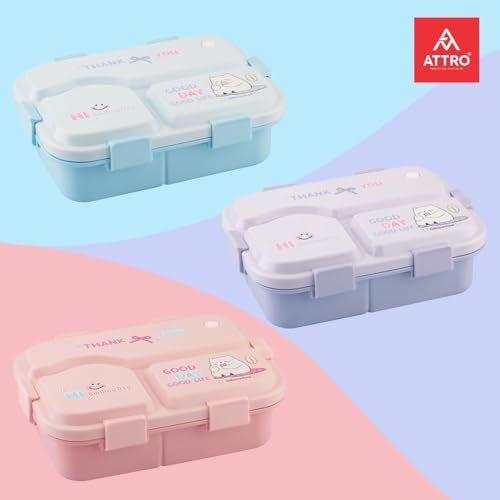 ATTRO Smiley Bite Plastic Lunch Box – 3 Compartment Bento Tiffin, Leak-Proof & Durable, Plastic Spoon, Ideal for Kids, School, Picnic– 1220ml+200ml, Blue - Image 5