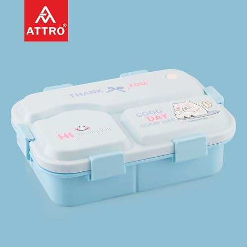 ATTRO Smiley Bite Plastic Lunch Box – 3 Compartment Bento Tiffin, Leak-Proof & Durable, Plastic Spoon, Ideal for Kids, School, Picnic– 1220ml+200ml, Blue - Image 3
