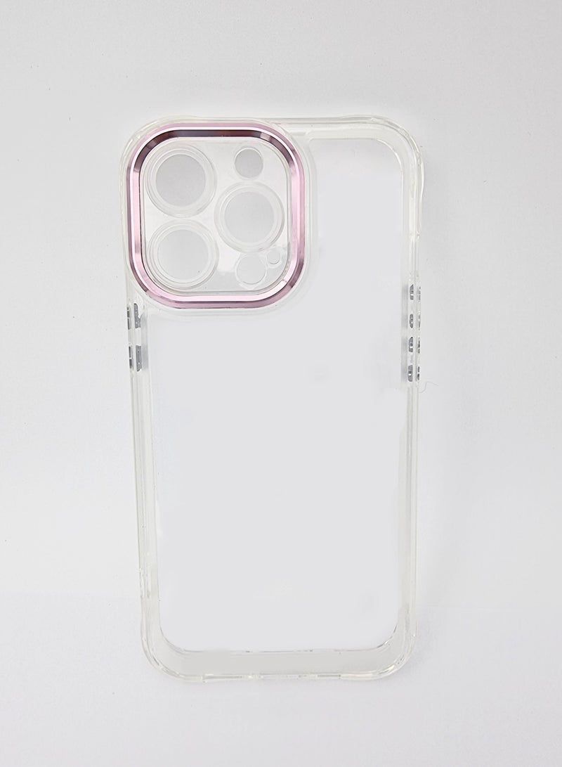 Transparent iPhone 14 Phone Case with Pink Camera Edges - Image 1