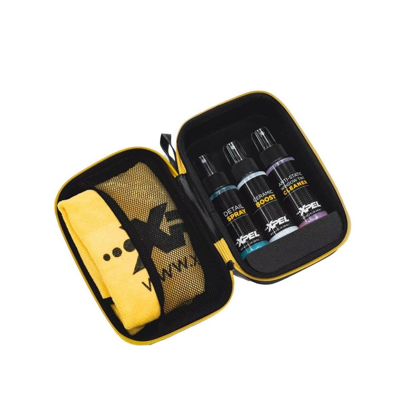 مجموعة العناية بالسيارات الجديدة XPEL 3Pack - تنظيف سيراميك بدون ماء لتفاصيل الطلاء و PPF والزجاج وتعزيز السيراميك ورذاذ التفاصيل بدون ماء ومنظف زجاج خالي من الخطوط ومنشفة ميكروفايبر فاخرة في حقيبة ماركة.