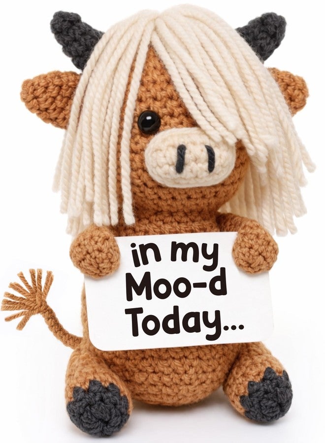 Frabaca Funny Highland Cow Crochet Desk Decor – “In My Moo-d Today” Cute Office Gift for Coworkers, Women & Men – Farmhouse Mood Plush for Work Desk, Birthday, White Elephant Easter Basket Stuffer - Image 1