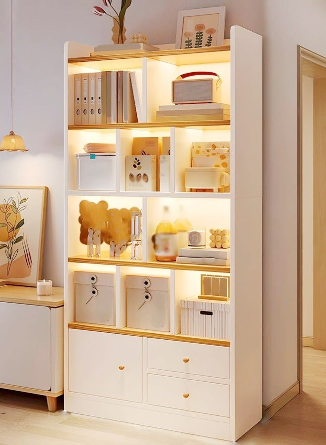 C&C Home رف كتب خشبي متعدد الأغراض متعدد الطبقات مع رف عرض كبير للتخزين مع درجين وباب واحد وخزانة كتب عمودية قائمة بذاتها لغرفة المعيشة وأثاث المكتب المنزلي 80 × 24 × 180 سم - Image 1