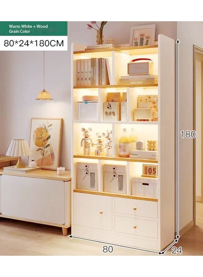 C&C Home رف كتب خشبي متعدد الأغراض متعدد الطبقات مع رف عرض كبير للتخزين مع درجين وباب واحد وخزانة كتب عمودية قائمة بذاتها لغرفة المعيشة وأثاث المكتب المنزلي 80 × 24 × 180 سم - Image 5