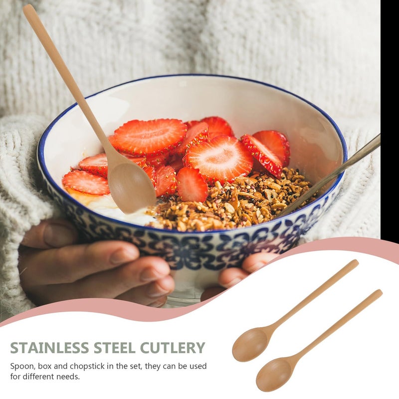 2Pcs Beech Wood Long Handle Stirring Spoon and Soup Spoon Set Japanese Style Kitchen Utensils - Image 5