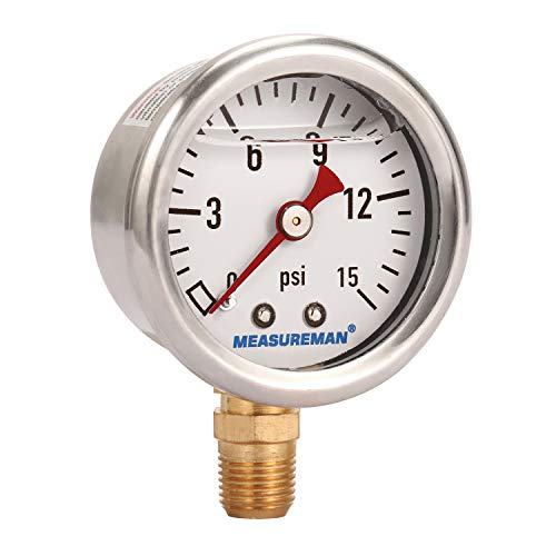 MEASUREMAN 1-1/2" Dial Size, Glycerin Filled Fuel Pressure Gauge, 304 Stainless Steel case, 0-15Psi, +/-3-2-3%, 1/8" NPT Lower Mount - Image 2