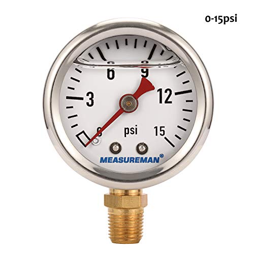 MEASUREMAN 1-1/2" Dial Size, Glycerin Filled Fuel Pressure Gauge, 304 Stainless Steel case, 0-15Psi, +/-3-2-3%, 1/8" NPT Lower Mount - Image 3