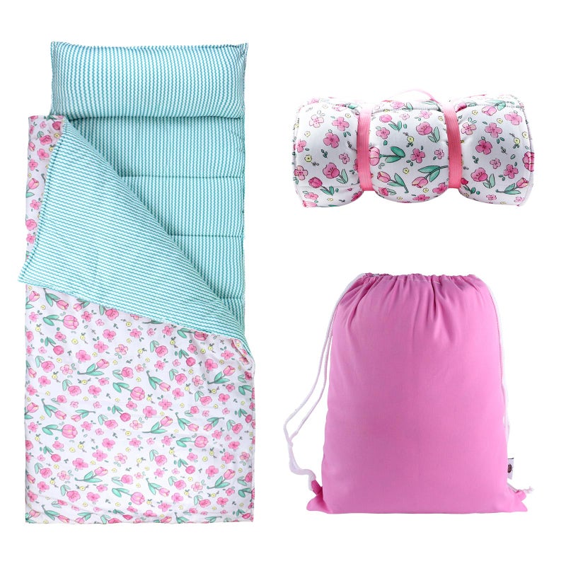 Hi Sprout Toddlers Nap Mat with Removable Pillow and Soft Blanket Lightweight Daycare Preschool Kindergarten Sleeping Bag Travel Slumber for Kids Girls Boys Pink Flowers - Image 2