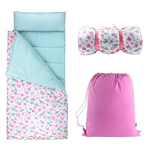 Hi Sprout Toddlers Nap Mat with Removable Pillow and Soft Blanket Lightweight Daycare Preschool Kindergarten Sleeping Bag Travel Slumber for Kids Girls Boys Pink Flowers - Image 1