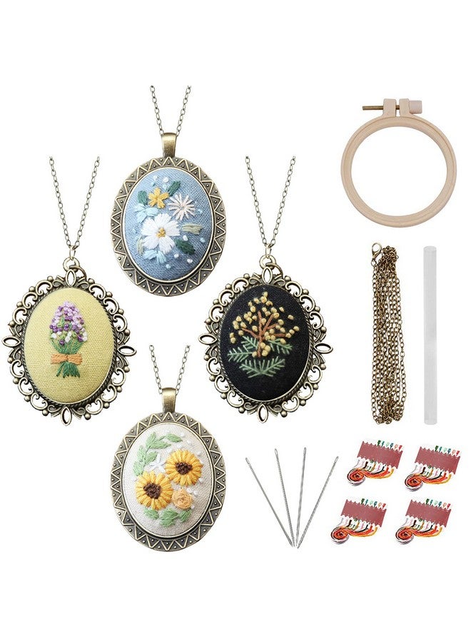 ZOCONE 4 Packs Embroidery Necklace Kit Embroidery Pendant Kit Mini Cross Stitch Kit With Hoop Necklace Pendant Stamped Pattern Cloth Instructions Etc. Embroidery Kit For Adults  - Image 1