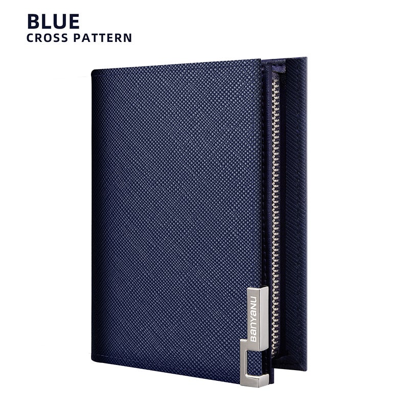 banyanu Men's Short Leather Business Wallet, Minimalist Style, with Multiple Card Slots and Zippered Pockets (Blue - Cross Grain) - Image 1