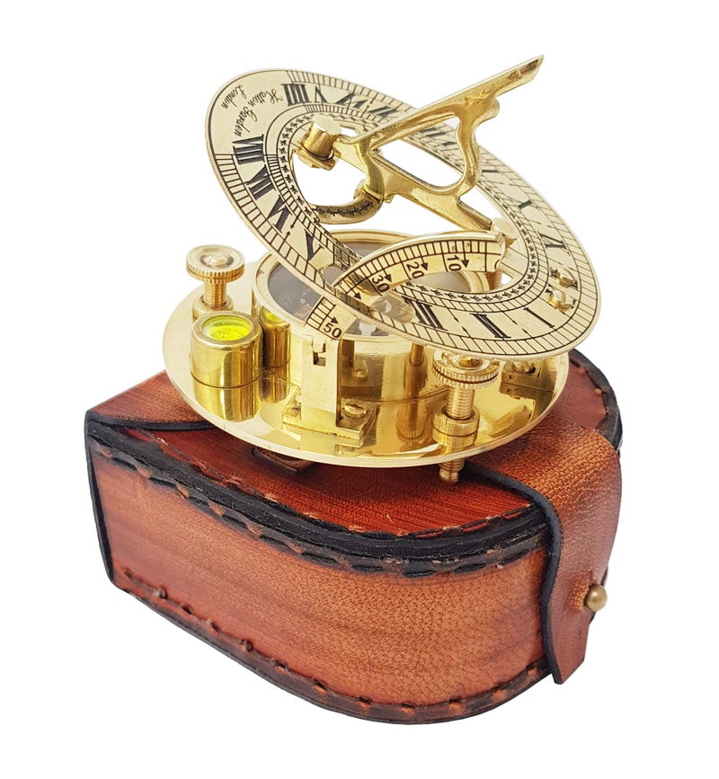 Brass Nautical Brass Nautical  Sundial Compass with Intricate Detailing Comes in an Exquisite Top Grain Leather Case  Premium Sundial Compass 