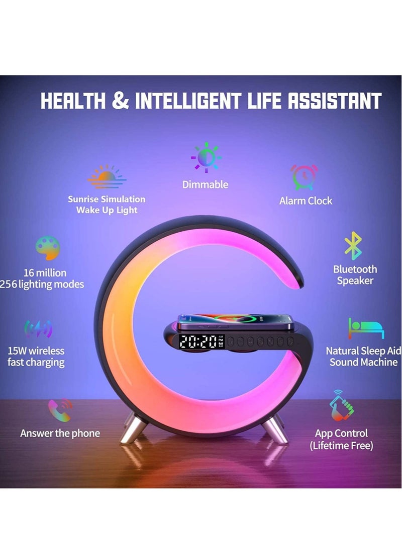 Multifunctional 15W Wireless Charger Built-in Bluetooth Speaker APP Control RGB Night Light Alarm Clock Fast Charging Station for Iphone 13 14 Samsung Xiaomi