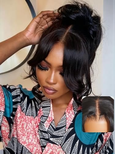 UNICE Real Scalp Glueless Wig Human Hair Pre Plucked Pre Cut 13x4 HD Lace Front Wigs Human Hair Loose Wave with Face Framing Curtain Bangs Bleached Knots Natural Hairline 150 Density 18 inch - Image 1