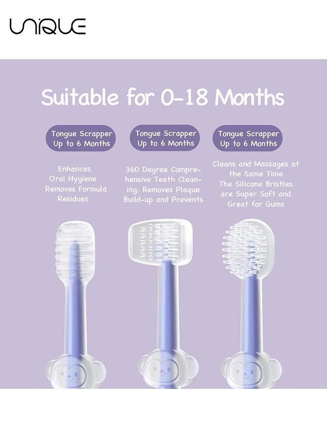Unique Baby Toddler Toothbrush Set for Age 0-2 - 3 PCS - Silicone Tongue Cleaner, 360° ToothBrush, Baby Tongue Cleaner + U-Shaped ToothScrubber + Baby First Toothbrush Teething, Newborn Must Haves  - Image 3