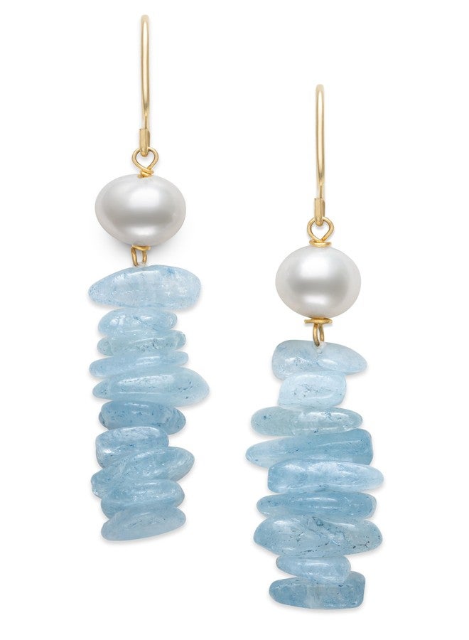 Belacqua White Cultured Freshwater Pearl and Aquamarine Drop Earrings in 14k Yellow Gold Wire Setting, Real Pearl Jewelry for Women, Gift Box Included - Image 2