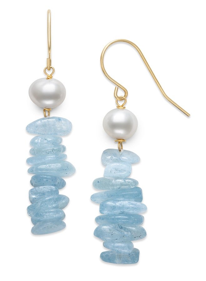 Belacqua White Cultured Freshwater Pearl and Aquamarine Drop Earrings in 14k Yellow Gold Wire Setting, Real Pearl Jewelry for Women, Gift Box Included - Image 1