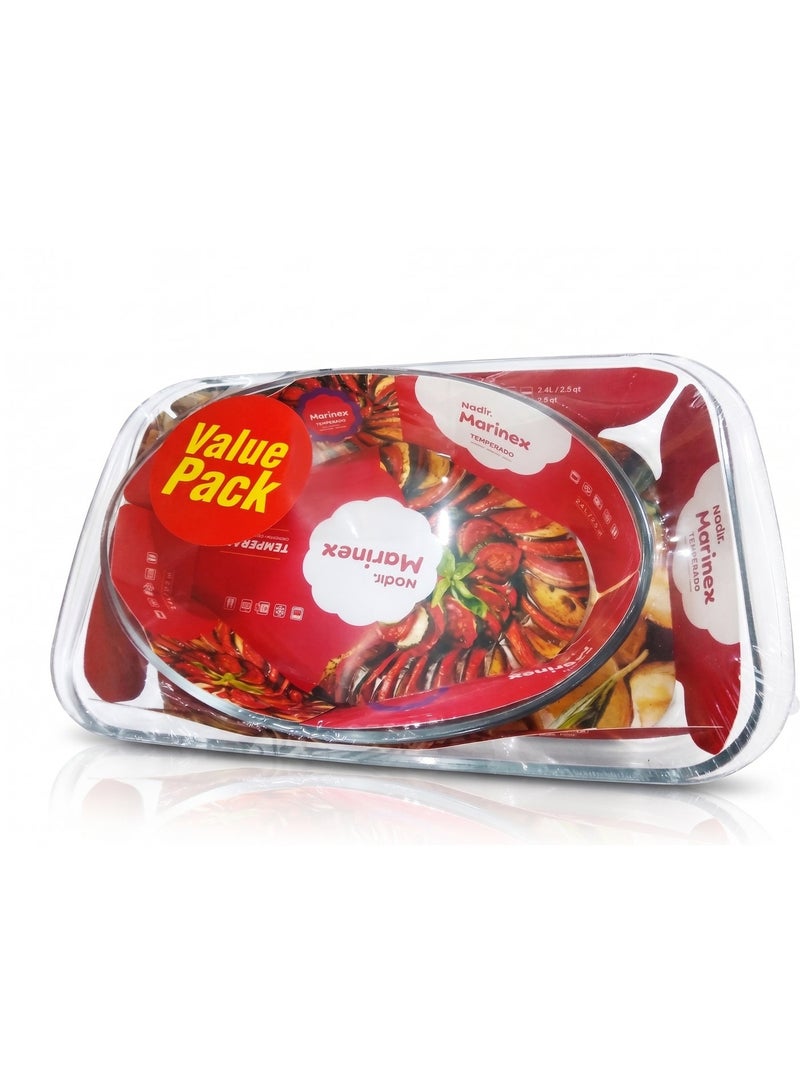 Marinex Glass 2-Piece Roaster Set - Rectangular + Oval Roasters (2.4L + 2.9L) | Oven Safe Transparent Bakeware for Lasagna, Cakes, Brownies, Roasting & Casseroles  Heat Resistant Durable Glass Dish for Home & Kitchen - Image 1