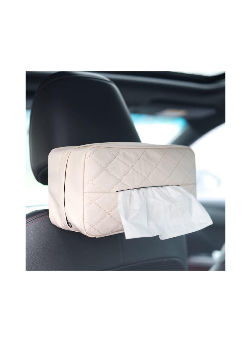 KASTWAVE Leather Car Tissue Holder, Car Backseat Extra Large Tissue Organization with Adjustable Strap and Zipper, PU Leather Backseat Tissue Case for Car/Truck (Beige) - Image 1