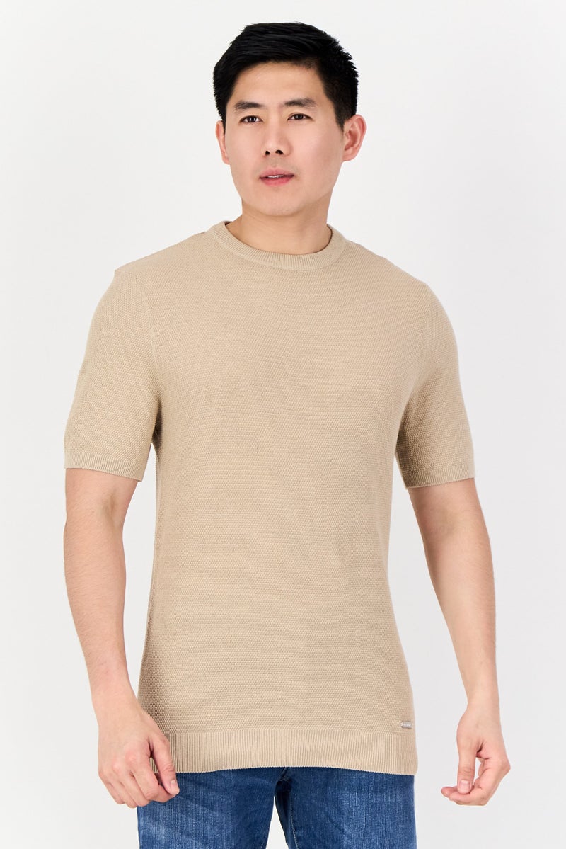 Threadbare Men Crew Neck Short Sleeve Knitted T-Shirt, Tan - Image 1