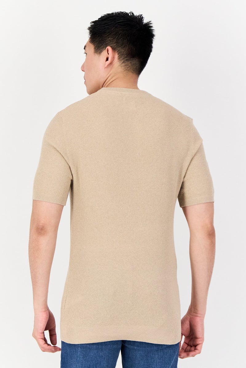 Threadbare Men Crew Neck Short Sleeve Knitted T-Shirt, Tan - Image 3