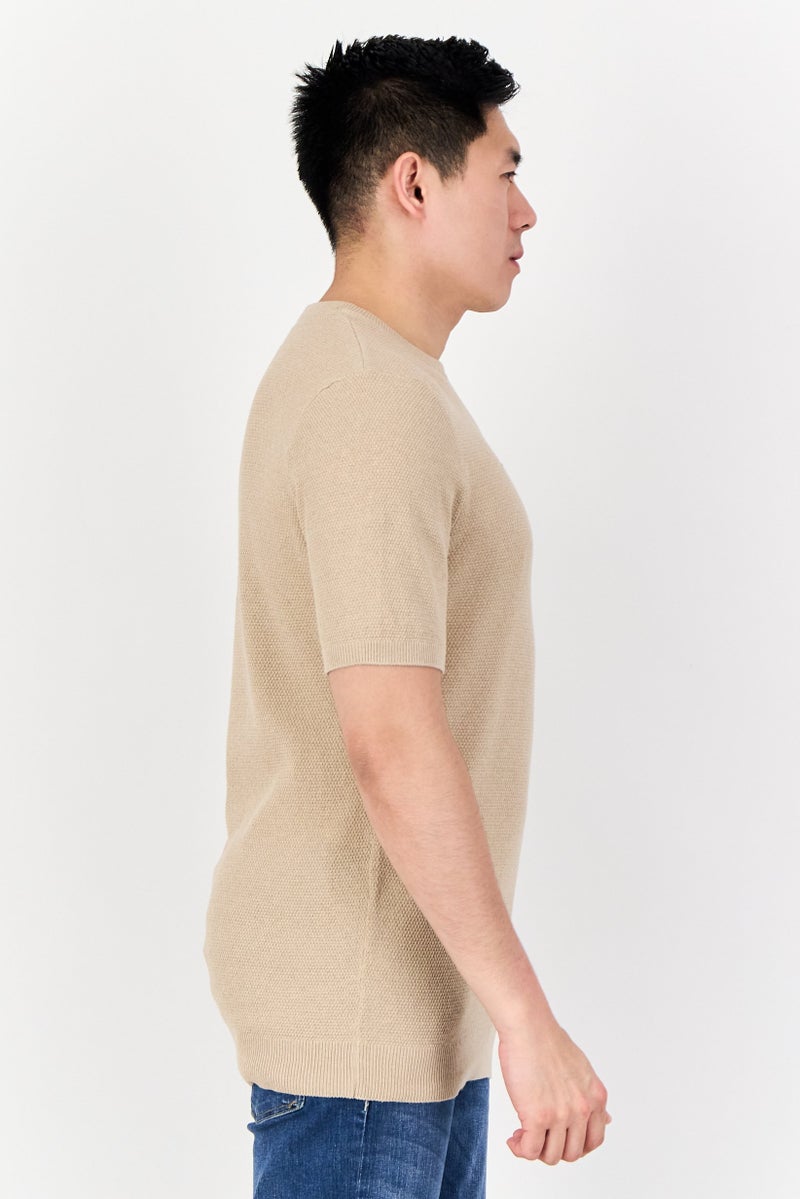 Threadbare Men Crew Neck Short Sleeve Knitted T-Shirt, Tan - Image 2