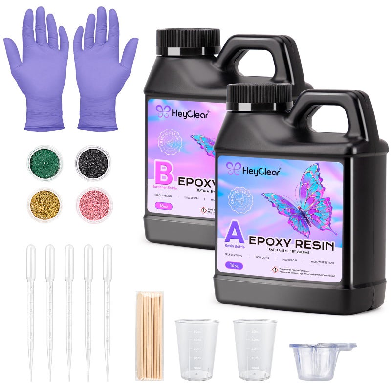 HeyClear Epoxy Resin Kit 32 oz Crystal Clear, Hard Upgraded 2 Part Epoxy and Hardener for Casting Coating, Jewelry Making, DIY Crafts Art (16oz + 16oz) - Image 1