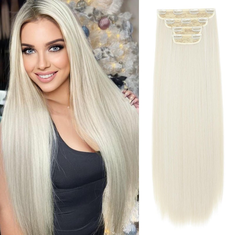 REECHO 28 Straight Long 4 PCS Set Thick Clip in on Hair Extensions Platinum Blonde