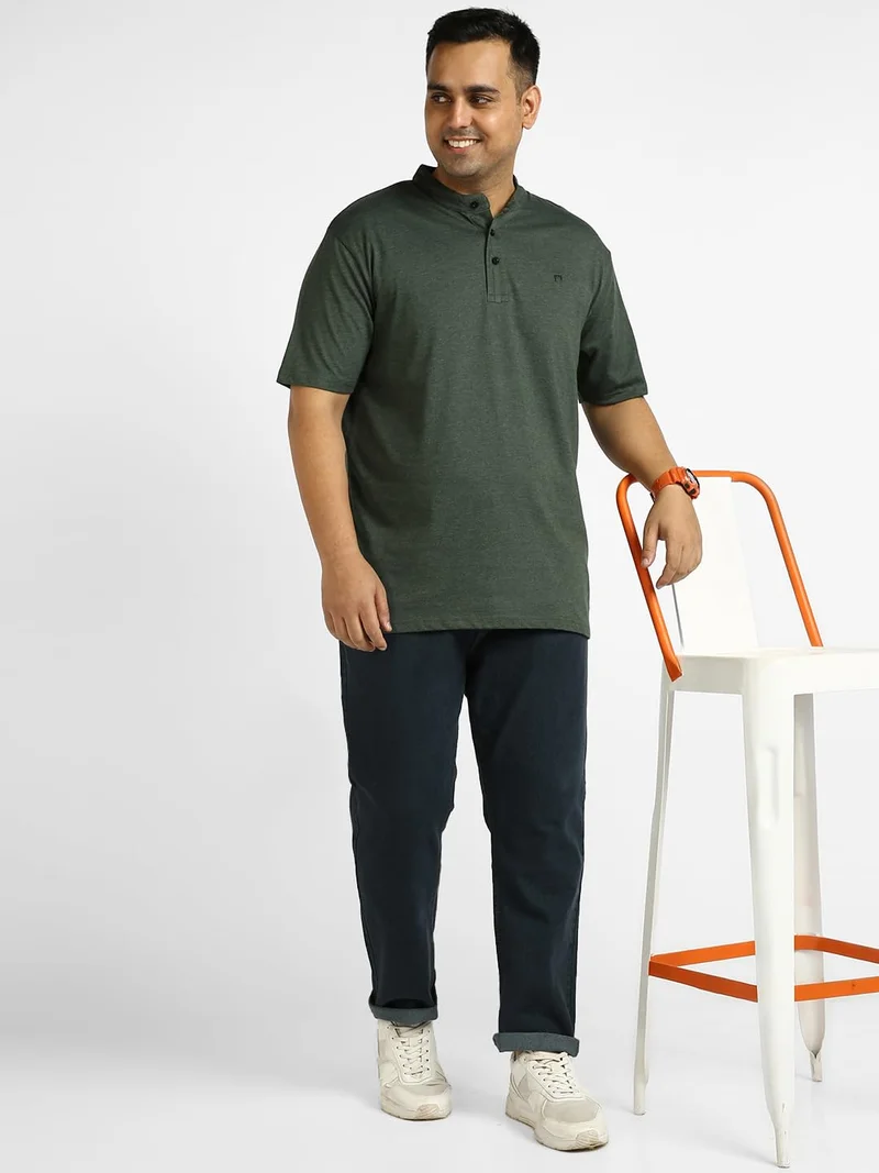 Urbano Fashion  Urbano Plus Men's Green Melange Solid Mandarin Collar Regular Fit Half Sleeve Cotton T-Shirt  | Best Price UAE