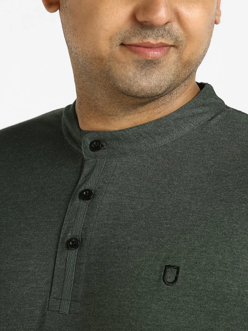 Urbano Fashion  Urbano Plus Men's Green Melange Solid Mandarin Collar Regular Fit Half Sleeve Cotton T-Shirt  | Best Price UAE
