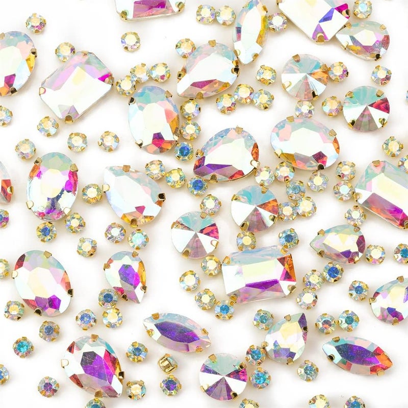 Choupee Gold Rhinestones, Sew On Rhinestones Crystal AB Glass Gems Jewels for Clothes Clothing Crafts Jewelry Making, Costume, Shoes,Dress, Garments Mixed 130PCS - Image 1